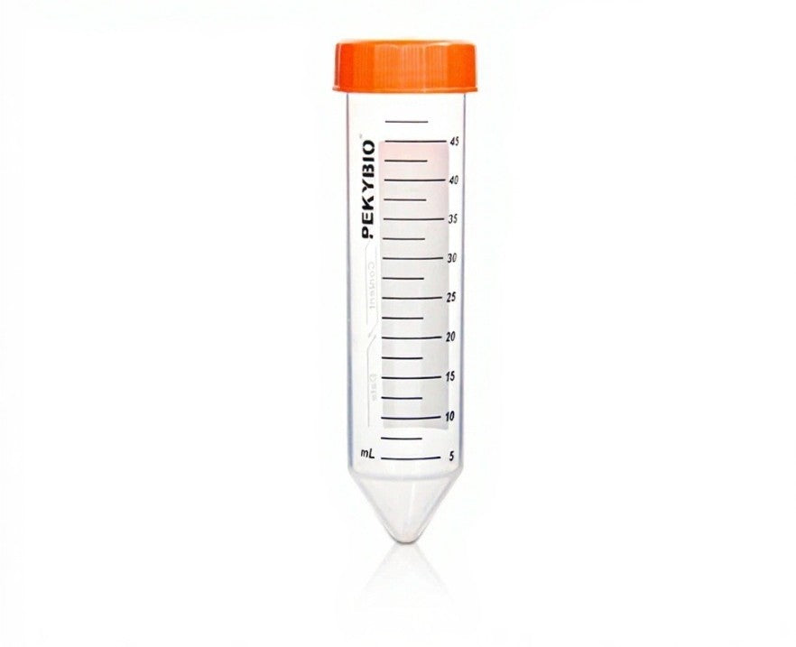 Centrifuge Tube with Orange seal screw cap, Conical Bottom, Clear Sterile 50pieces/bag, 10bags/carton Vacuum Packed